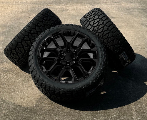 Gloss Black 22" Notched Wheels with Blackhawk R/T Tires for GMC Sierra, Yukon, Denali - New Set of 4