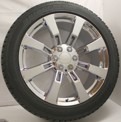 Chrome 22" Eight Spoke Wheels with Bridgestone Tires for GMC Sierra, Yukon, Denali - New Set of 4