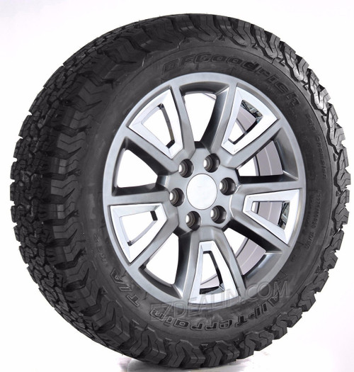 Hyper Silver 20" With V Style Chrome Inserts Wheels with BFG KO2 A/T Tires for GMC Sierra, Yukon, Denali - New Set of 4