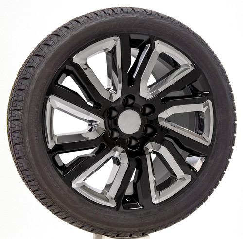 Gloss Black 22" with Angled Chrome Wheels with Bridgestone Tires for Chevy Silverado, Tahoe, Suburban - New Set of 4