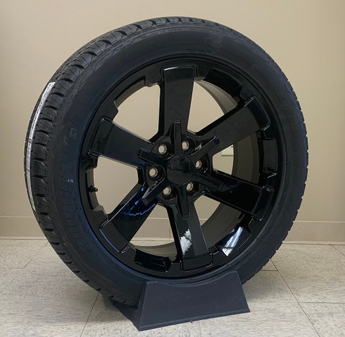 Gloss Black 22" Rally Style Six Spoke Wheels with Bridgestone Tires for Chevy Silverado, Tahoe, Suburban - New Set of 4