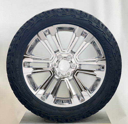 Chrome 22" Denali Style Split Spoke Wheels with 33x12.50R22 Tires for Chevy and GMC Trucks and SUVs- New Set of 4