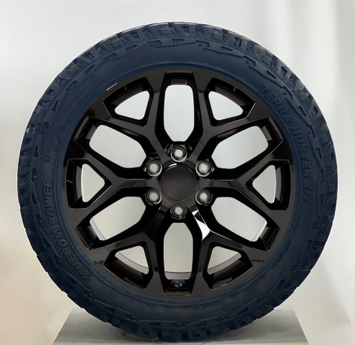 Gloss Black 22" Snowflake Wheels with 33x12.50R22 Tires for Chevy and GMC Trucks and SUVs- New Set of 4