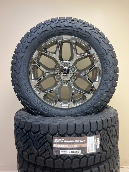 Chrome 20" Snowflake Wheels with Nitto Recon Grappler 285/60R20 Tires for Chevy and GMC Trucks and SUVs - New Set of 4