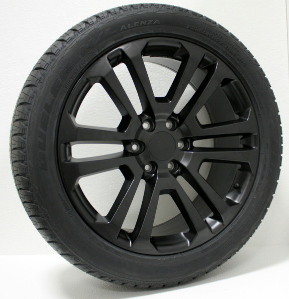 Satin Matte Black 22" Split Spoke Wheels with Bridgestone Tires for Chevy Silverado, Tahoe, Suburban - New Set of 4