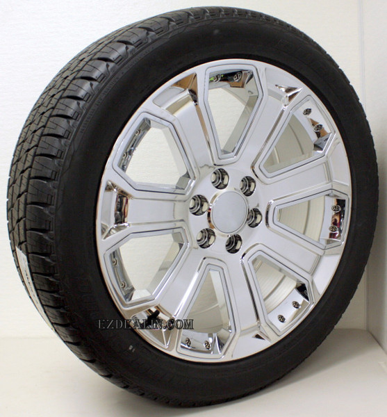 Chrome 22" With Chrome Inserts Wheels with Bridgestone Tires for Chevy Silverado, Tahoe, Suburban - New Set of 4