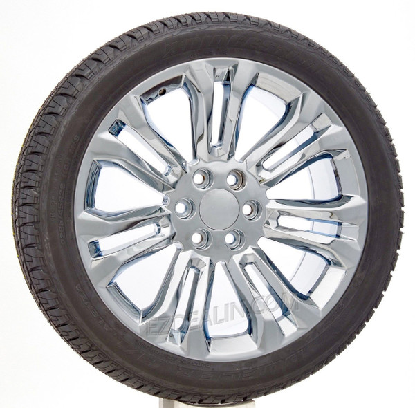 Chrome 22" Seven Split Spoke Wheels with Bridgestone Tires for Chevy Silverado, Tahoe, Suburban - New Set of 4