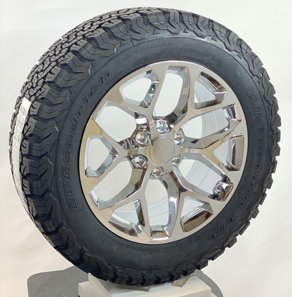 Chrome 20" Snowflake Wheels with BFG KO2 A/T Tires for 2019 and newer Dodge Ram 6 Lug 1500