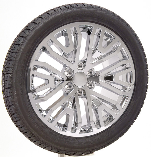 Chrome 22" Six Split Spoke Wheels with Bridgestone Tires for GMC Sierra, Yukon, Denali - New Set of 4