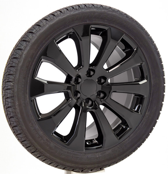 Gloss Black 22" Ten Spoke Wheels with Bridgestone Tires for GMC Sierra, Yukon, Denali - New Set of 4