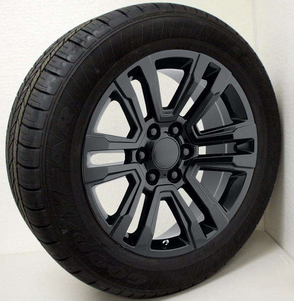Gloss Black 20" Denali Style Split Spoke Wheels with Goodyear Tires for Chevy Silverado, Tahoe, Suburban - New Set of 4