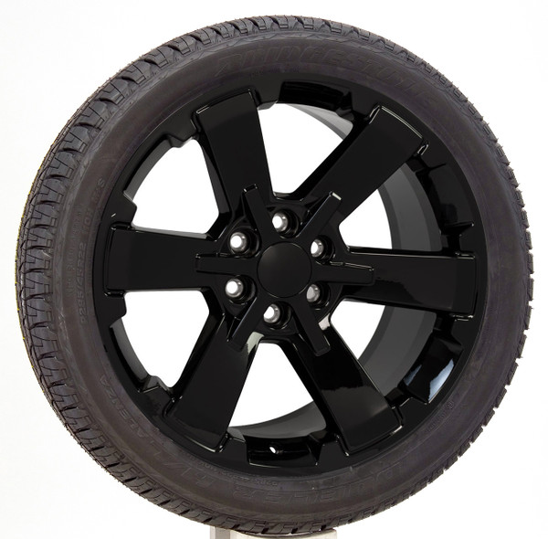 Gloss Black 22" Rally Style Six Spoke Wheels with Bridgestone Tires for Chevy Silverado, Tahoe, Suburban - New Set of 4