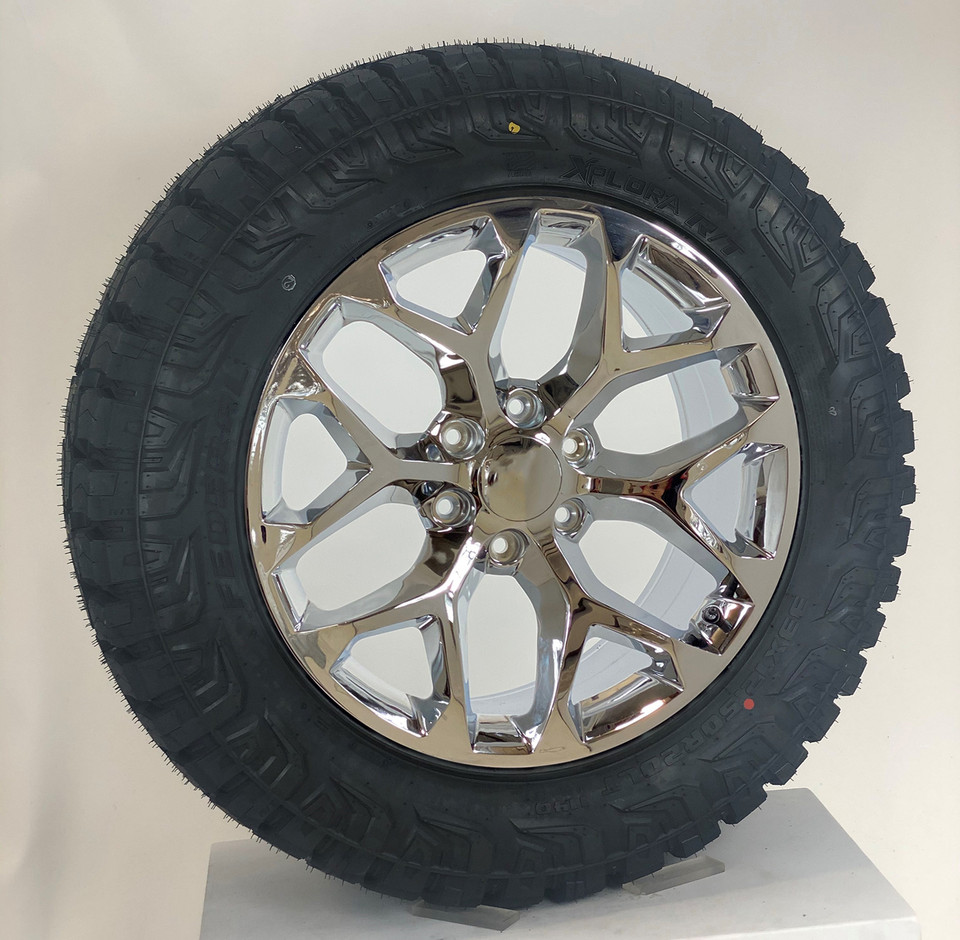Chevy Style Snowflake Chrome 20" Wheels with 33x12.50 Rugged Terrain Tires