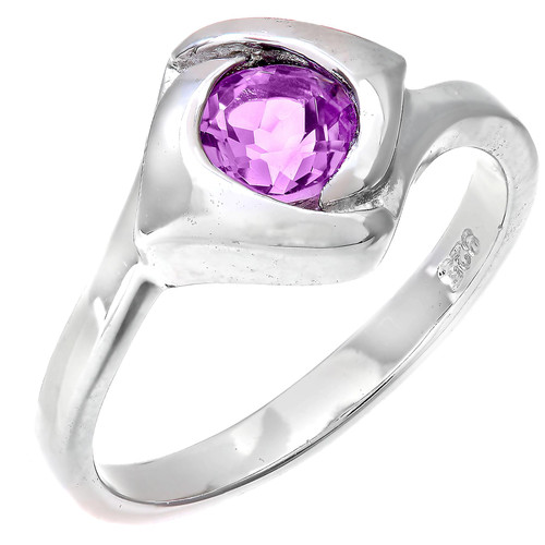 Sterling Silver Ring with 4mm Round Amethyst Gemstone, Rhodium Plated, Sizes J-R, Ring Box Included - Gorgeous and Durable!
