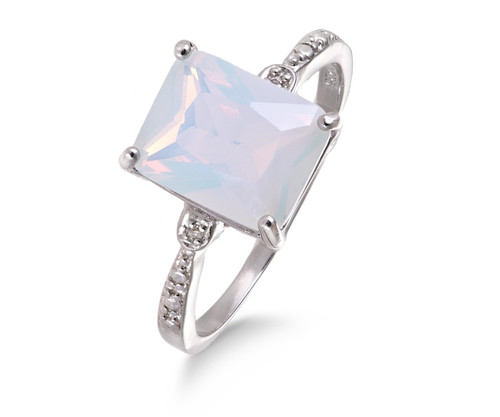 G&S Diamonds - Opal and Diamond Accent Silver Ring for Women - Large 10mm x 8mm Emerald Cut Opal - Ladies Rings