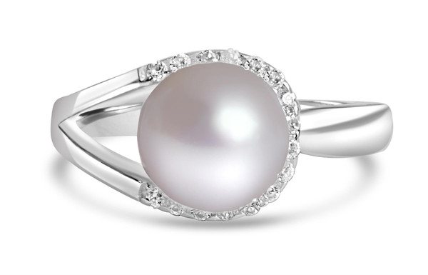 Stunning Rhodium Plated Silver Ring with 8mm Freshwater Pearl and Fine Swiss Cubic Zirconia - Perfect for a Sophisticated Look!