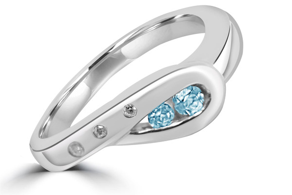 Elegant Silver Ring for Women with Diamonds and Aquamarine in a Flowing Design - Diamond Ring Women - Rhodium Plated - Sizes J_R - Generous Amount of Silver - Ring Box Included