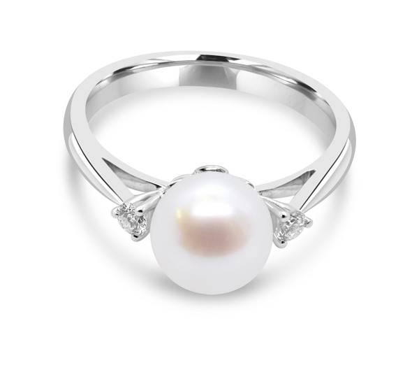 Luxury Ladies 18ct White Gold Diamond Ring - 0.09cttw + 8mm Pearl