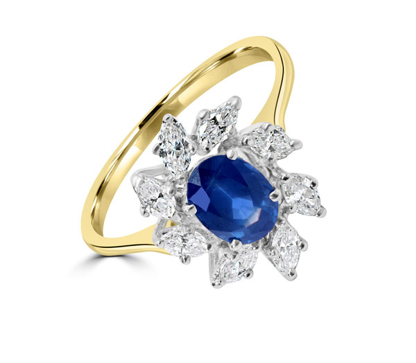 Blue Sapphire Ring - 1ct Oval Cut with Diamond Halo