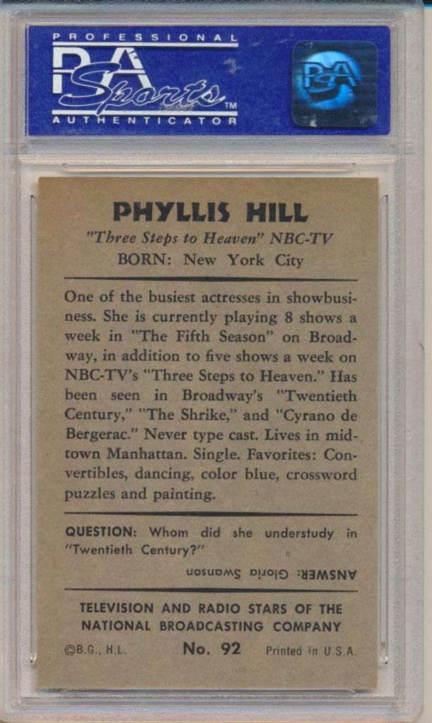 1953 TV & Radio NBC #92 Phyllis Hill  PSA 8 NM-MT  #*#