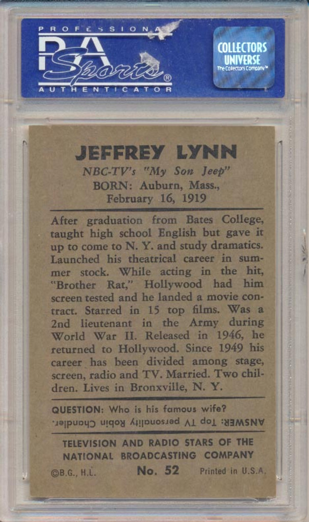 1953 TV & Radio NBC #52 Jeffrey Lynn  PSA 8 NM-MT  #*#