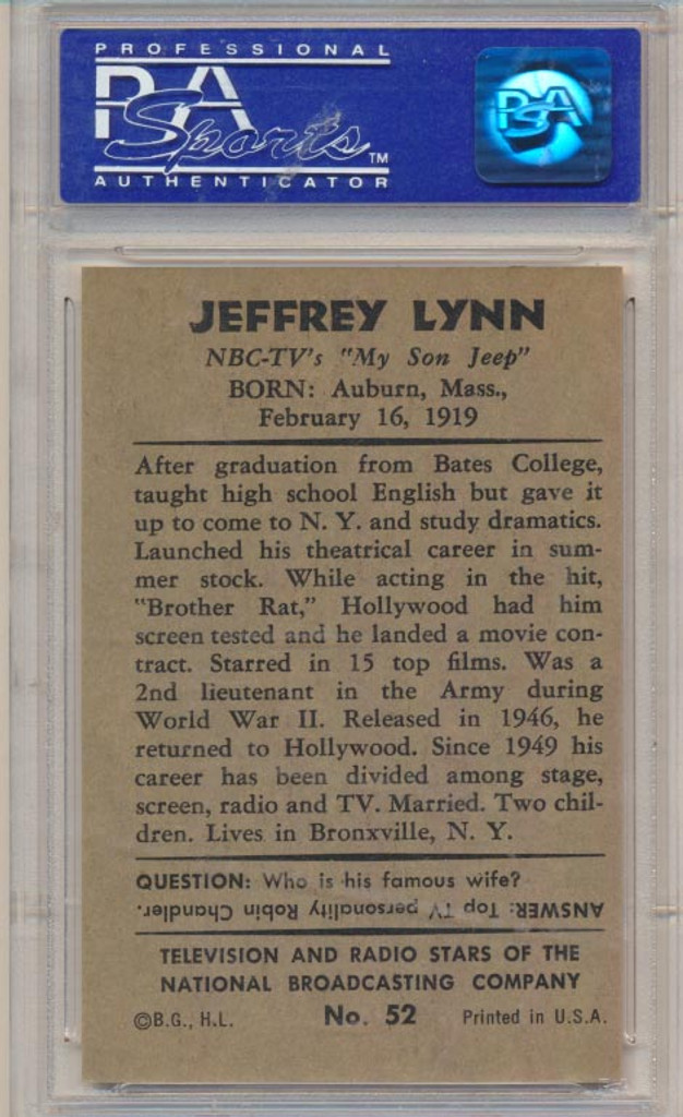 1953 TV & Radio NBC #52 Jeffrey Lynn  PSA 8 NM-MT  #*