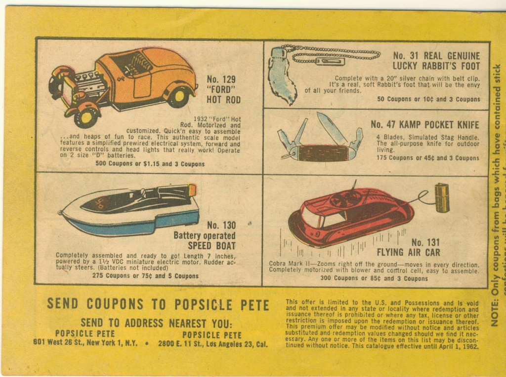 1961/1962 Popsicle Gift List W/ Bob Hope 5 by 7 inches  #*