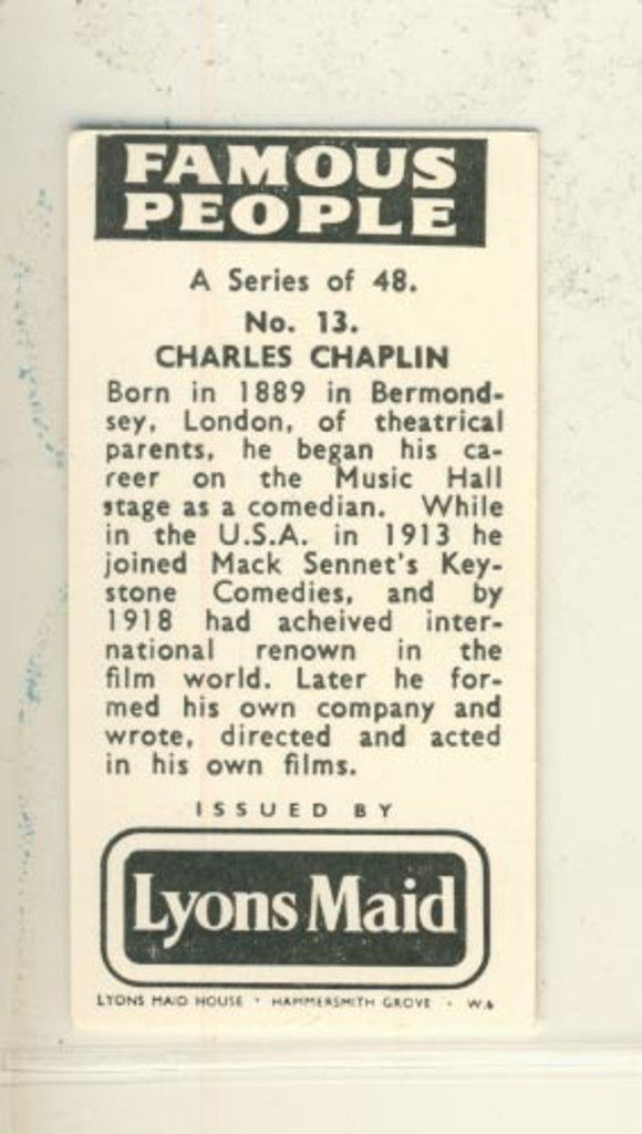 1962 J. Lyons & Co Ltd Ice Cream & Tea Famous People #13/48 Charles Chaplin Ex  #*