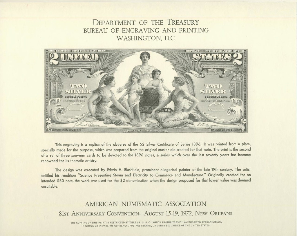 1972 Bureau Of Engraving & Printing 1896 $2 Silver Certificate B018  #*