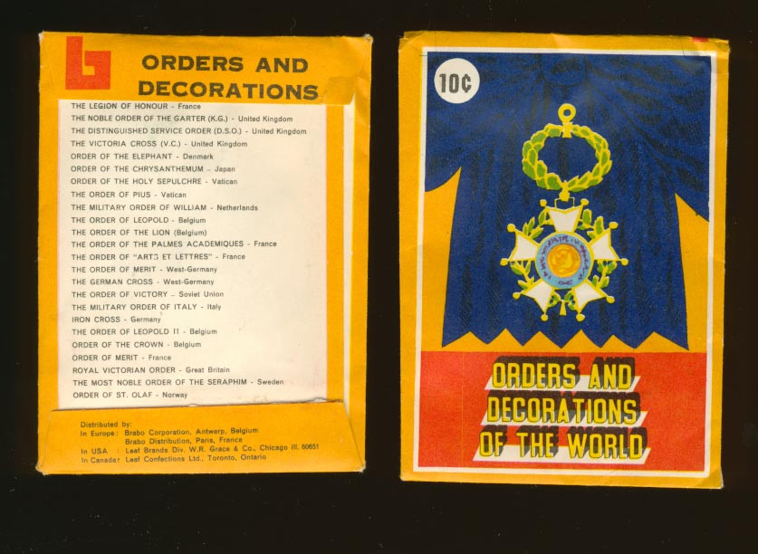1972 LEAF ORDERS AND DECORATIONS OF THE WORLD WRAPPER 10 CENTS   #*sku30394