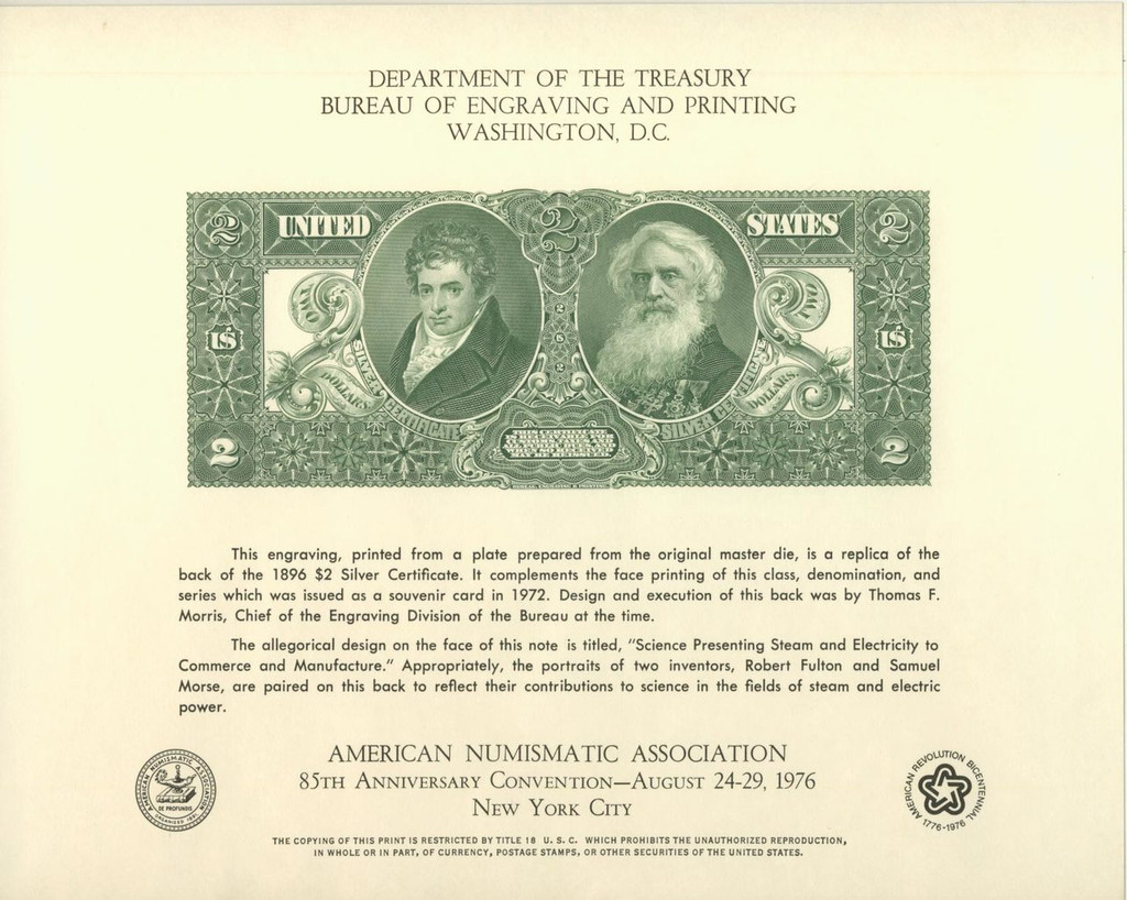 1976 Bureau Of Engraving & Printing 1896 $2 Silver Certificate B038  #*