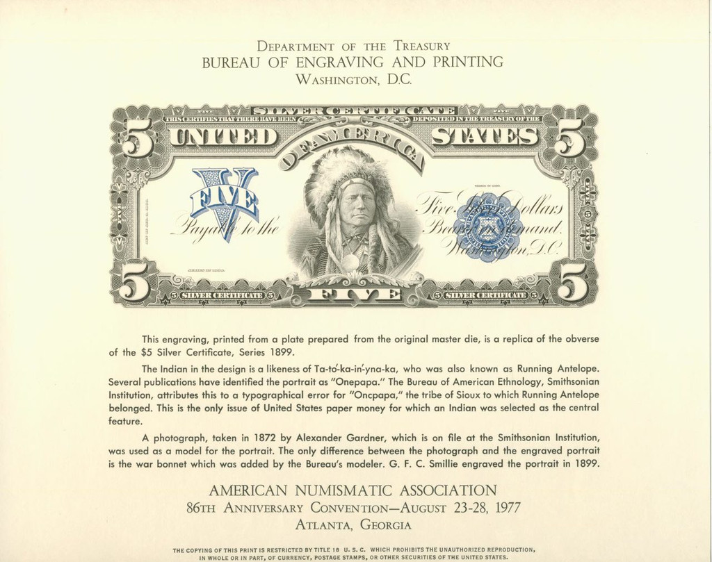 1977 Bureau Of Engraving & Printing 1899 $5 (Onepapa) Silver Certificate B041  #*