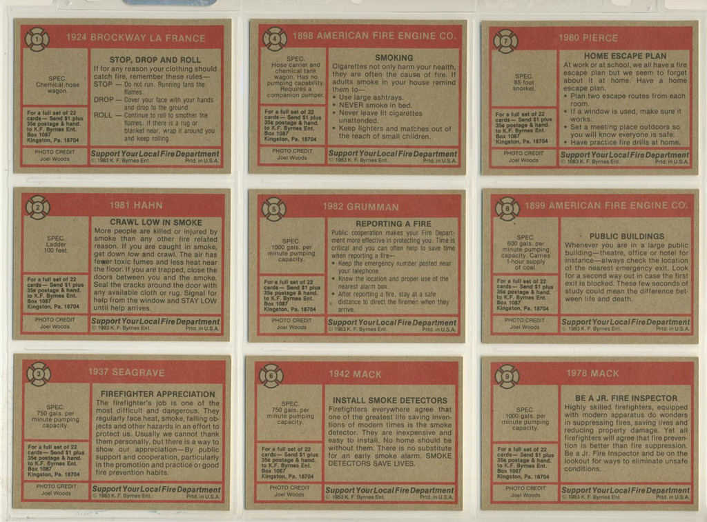 1983 K. F. Byrnes Firemen "YELLOW" Set 22   #*&&&&&