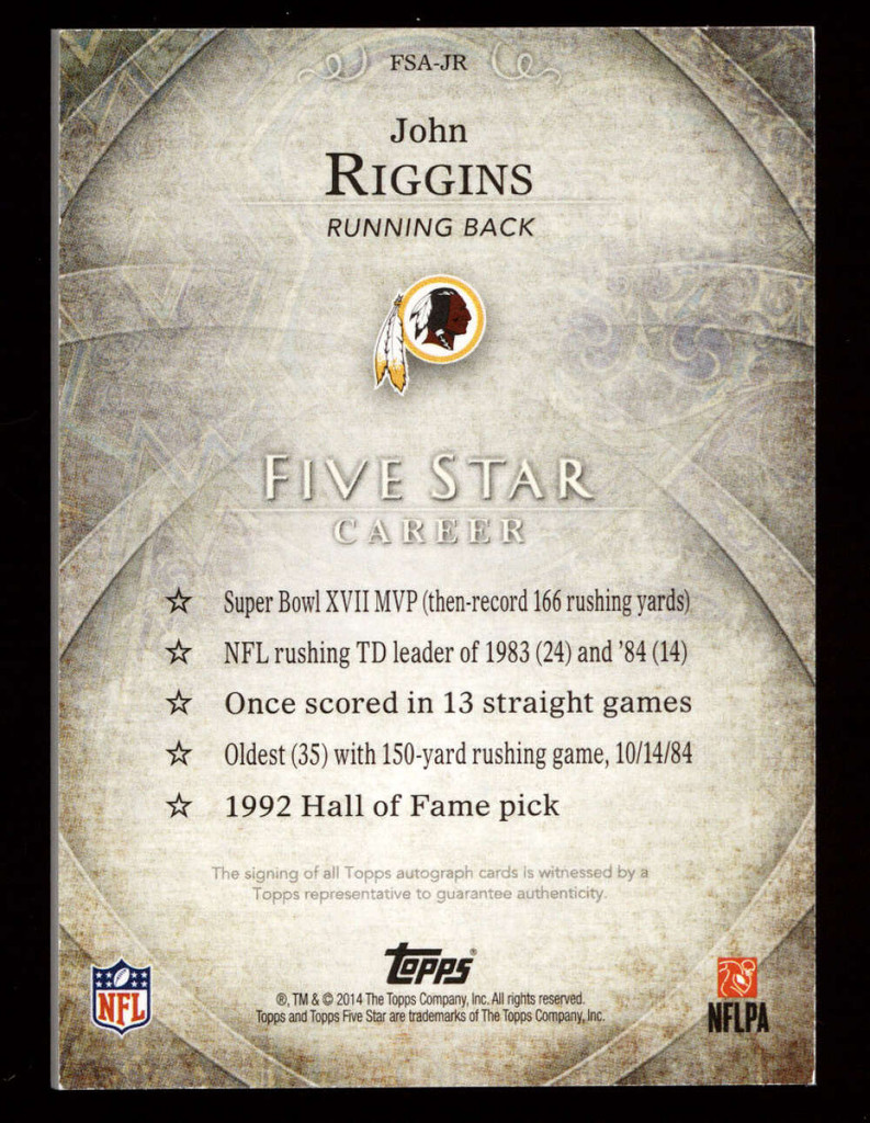 2014 Topps Five Star #FSA-JR John Riggins ON CARD Auto 