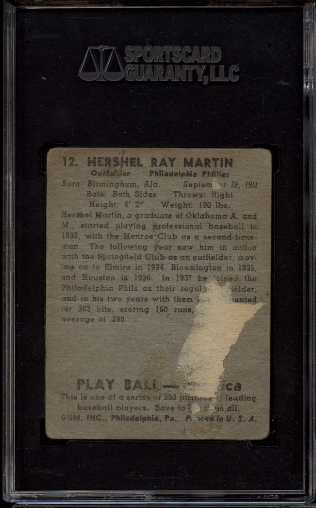 1939 Play Ball #12 Hershel Martin SGC Signed Auto Authentic RC Rookie 