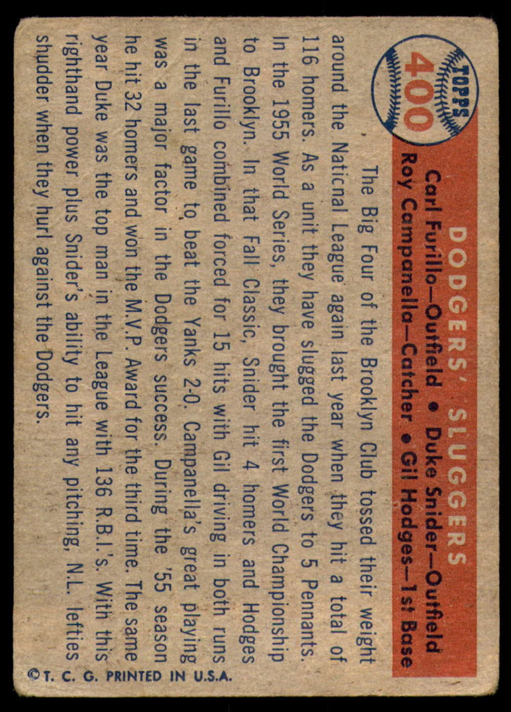 1957 Topps #400 Dodgers Sluggers G-VG  ID: 211221