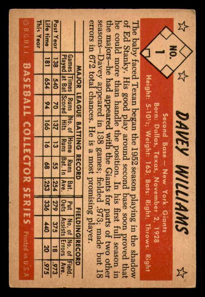 1953 Bowman Color #1 Davey Williams Excellent 