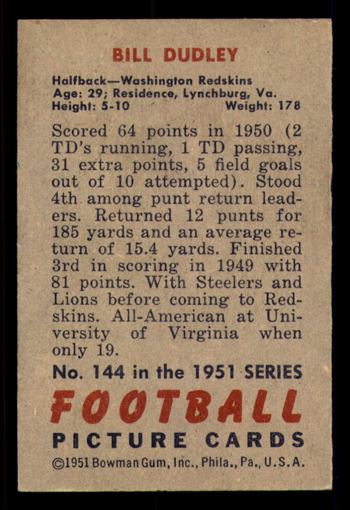 1951 Bowman #144 Bill Dudley Excellent+ 