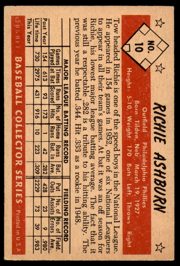 1953 Bowman Color #10 Richie Ashburn Excellent 