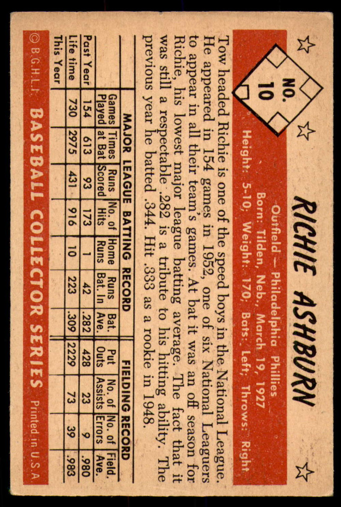 1953 Bowman Color #10 Richie Ashburn Very Good  ID: 237312