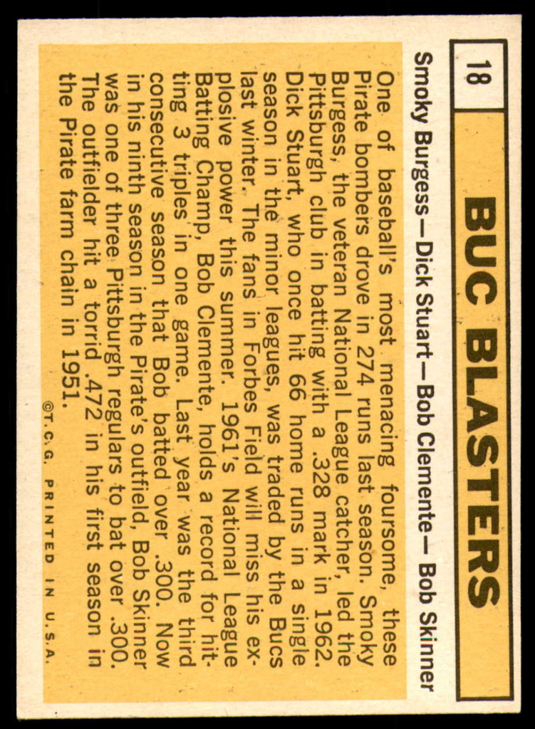 1963 Topps # 18 Smoky Burgess/Dick Stuart/Roberto Clemente/Bob Skinner Buc Blasters Excellent+  ID: 233492
