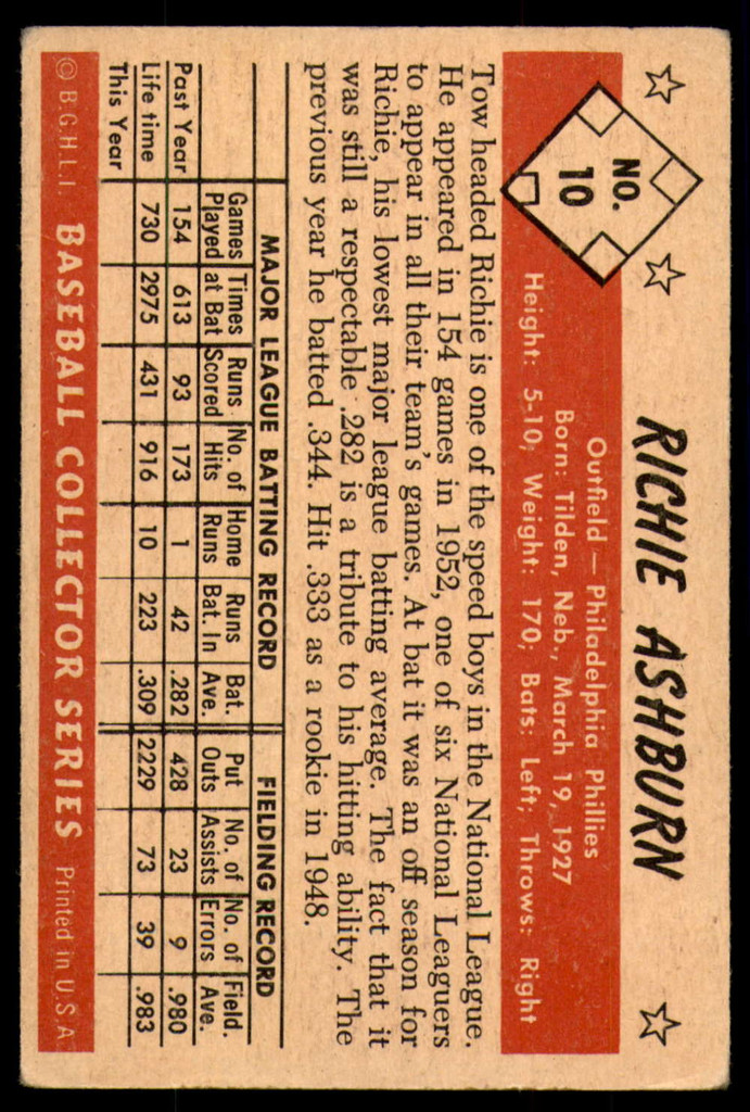 1953 Bowman Color #10 Richie Ashburn Very Good  ID: 253021