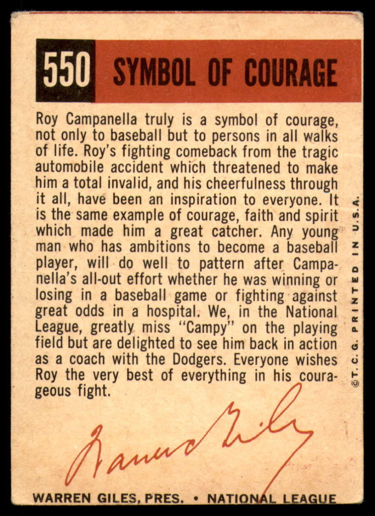 1959 Topps #550 Roy Campanella Symbol of Courage Very Good  ID: 233435