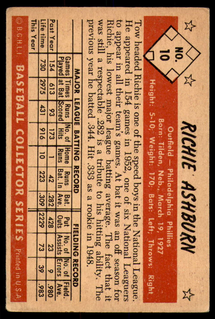 1953 Bowman Color #10 Richie Ashburn Very Good  ID: 237311