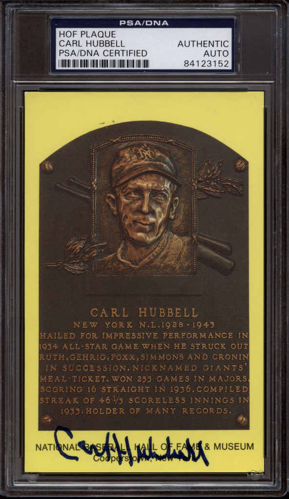Carl Hubbell Yellow HOF Postcard PSA/DNA Signed Auto *152