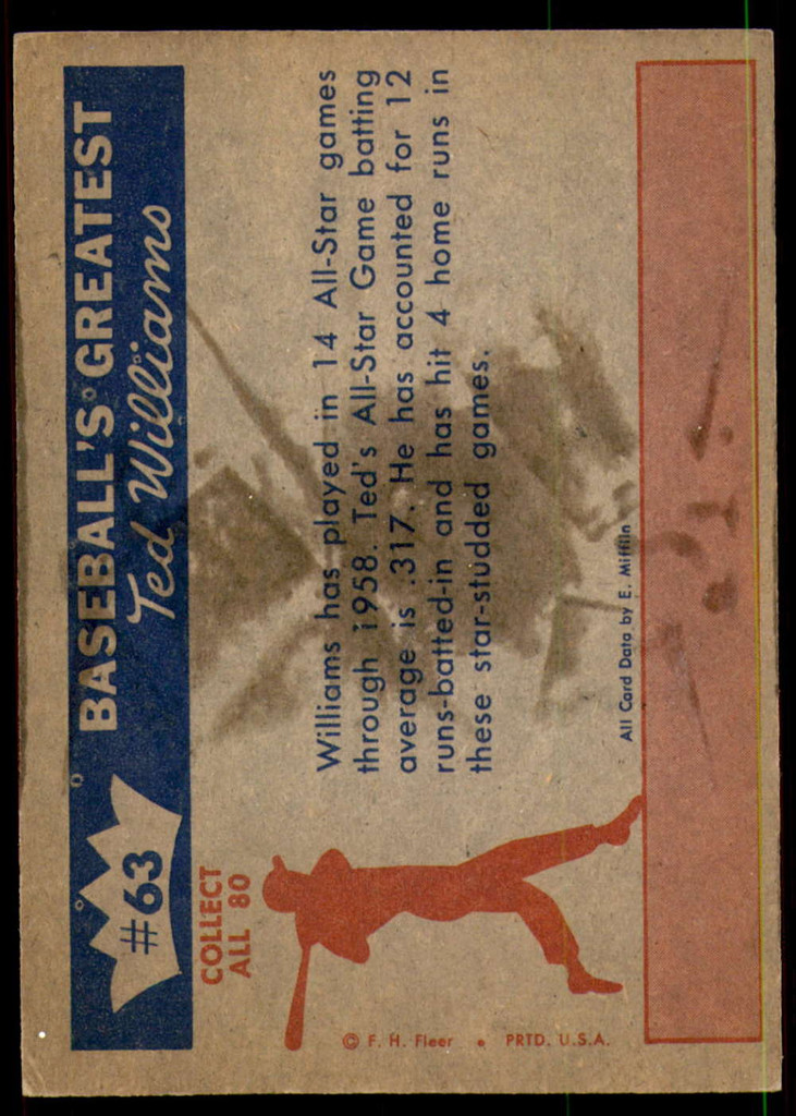 1959 Fleer Ted Williams #63 Ted's All-Star Record Excellent+ 