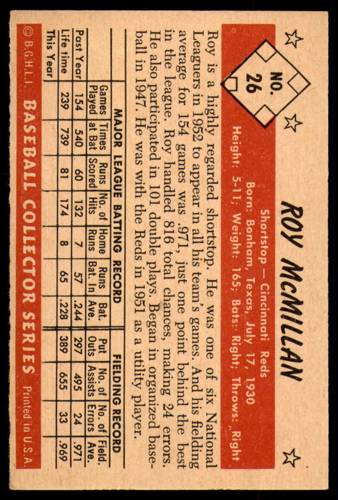 1953 Bowman Color #26 Roy McMillan Ex-Mint  ID: 253033