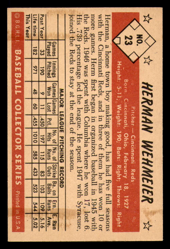 1953 Bowman Color #23 Herm Wehmeier Near Mint  ID: 298407