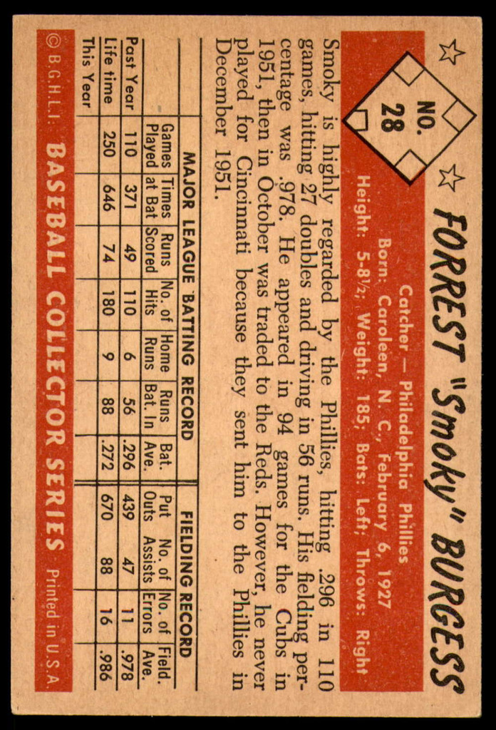 1953 Bowman Color #28 Smoky Burgess Ex-Mint  ID: 223067