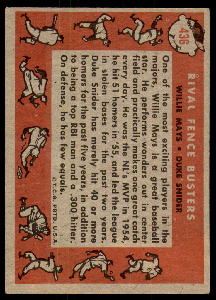 1958 Topps #436 Willie Mays/Duke Snider Rival Fence Busters Very Good  ID: 241153